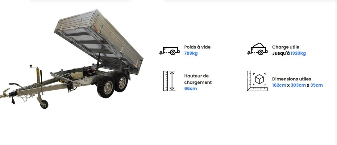 Remorque benne hydraulique pompe électrique double essieu Charge utile Jusqu’à 1920kg (PTAC) 3000 kg
