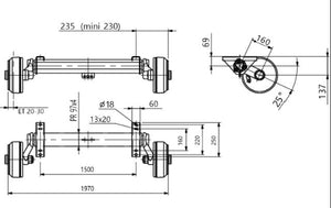 Essieu freiné AL-KO COMPACT pour remorque / dépanneuse 1600kg 1500mm 1970mm 5x140