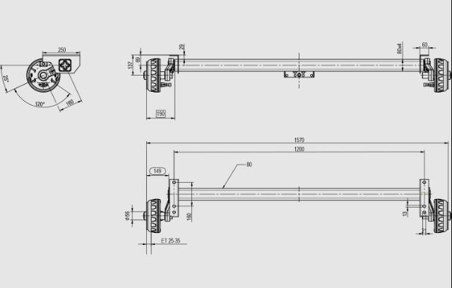 Essieu freiné KNOTT VGB13 pour remorque / dépanneuse 1350kg 1200mm 1570mm 5x112