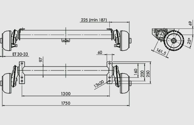 Essieu freiné AL-KO COMPACT pour remorque / dépanneuse 1350kg 1300mm 1750mm 5x112