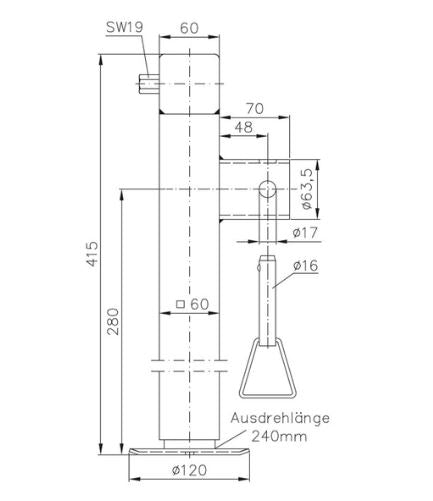 Béquille remorque  glissante SF 60-19-280 Pression maximale sur le support 1300 kg