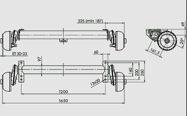 Essieu freiné AL-KO COMPACT pour remorque / dépanneuse 1350kg 1200mm 1650mm 5x112