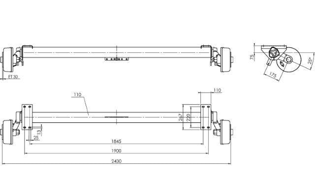 Essieu freiné AL-KO EURO pour remorque bateau 1800kg 1845/1955mm 2430mm 5x112