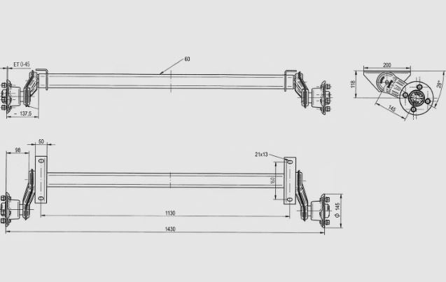 Essieu non freiné KNOTT VG7-L pour remorque 750kg 1130mm 1430mm 4x100