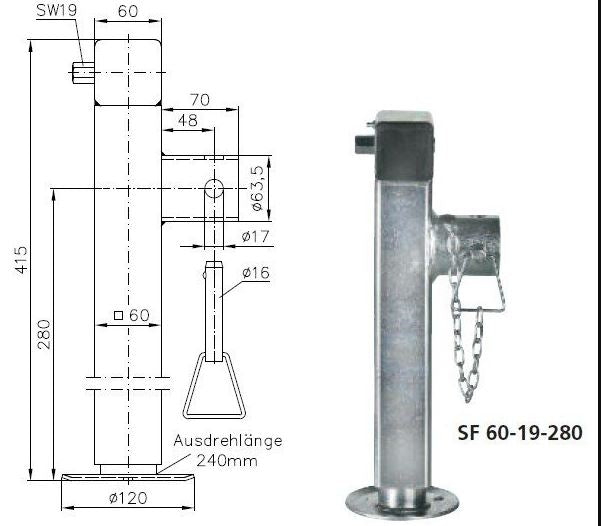 Béquille remorque  glissante SF 60-19-280 Pression maximale sur le support 1300 kg