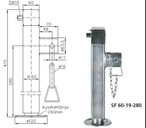 Béquille remorque  glissante SF 60-19-280 Pression maximale sur le support 1300 kg