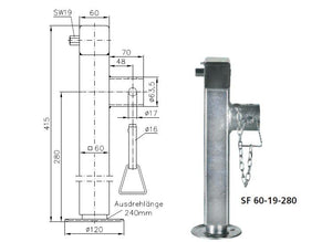 Ensemble béquille à manivelle SF 60-19-280  et adaptateur Charge maximale de 1300 kg.