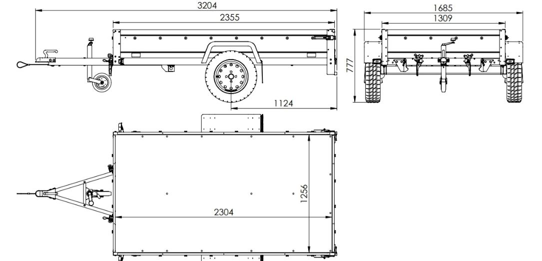 Remorque routière avec bâche haute, arceau et roue jockey 230×125